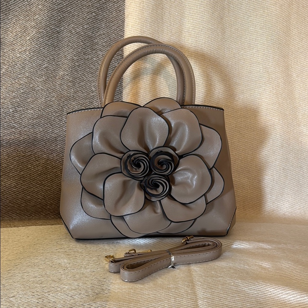 Tan Floral Satchel with Dimensional Design